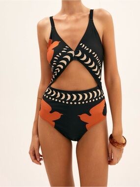 Commense Black and Rust Cutout One-Piece Swimsuit